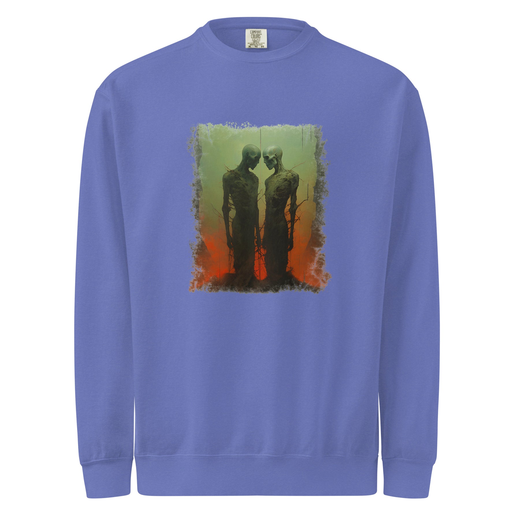 Blue sweatshirt with a graphic design of two silhouetted figures on a white background