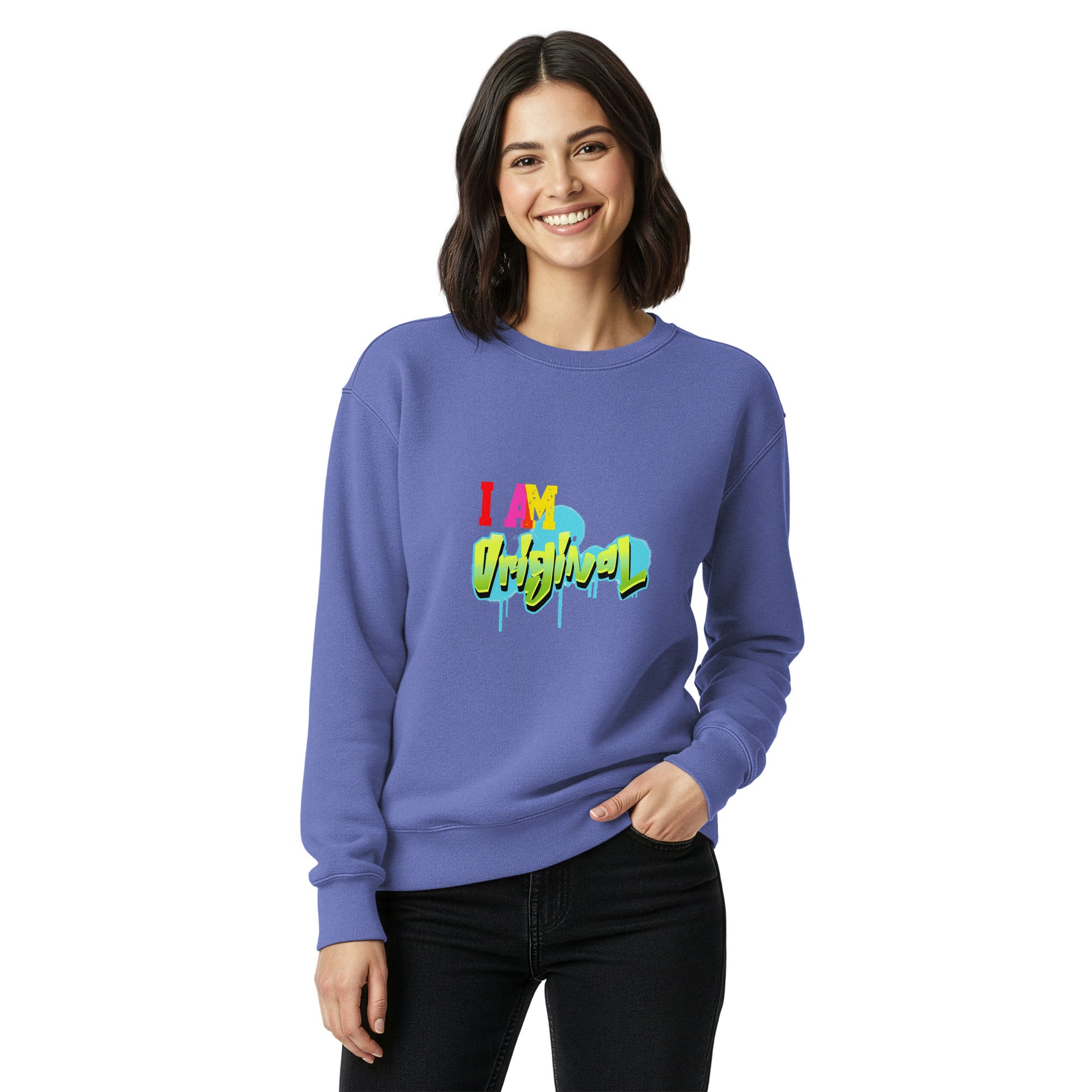 Woman wearing a blue sweatshirt with colorful text design on a white background