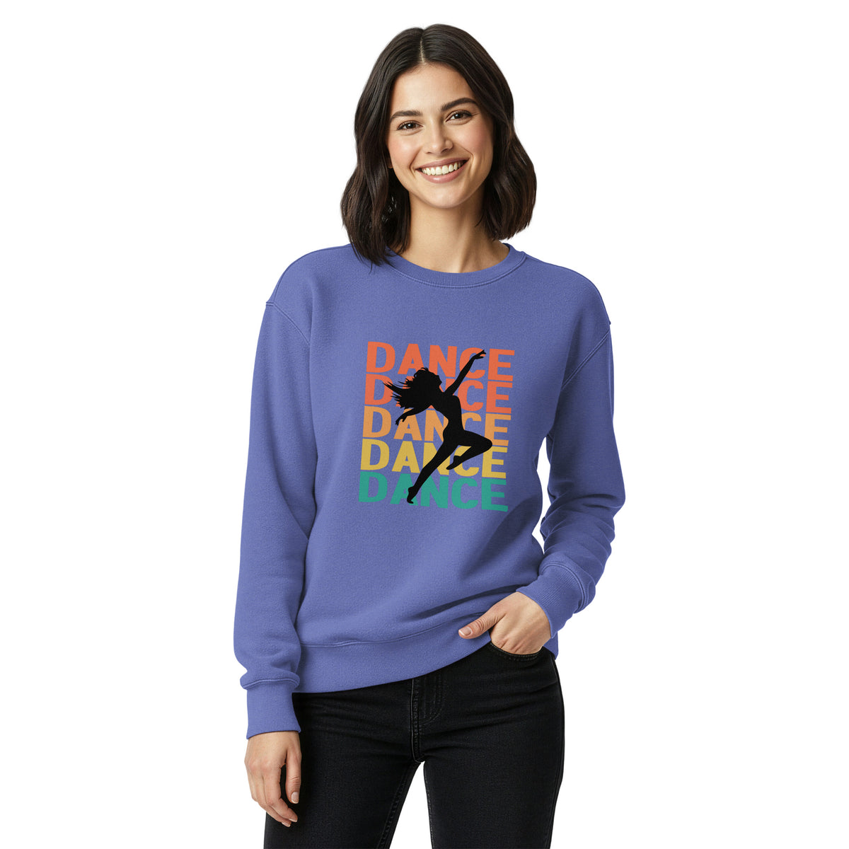 Woman wearing a blue sweatshirt with a dancer graphic and 'DANCE' text on a white background