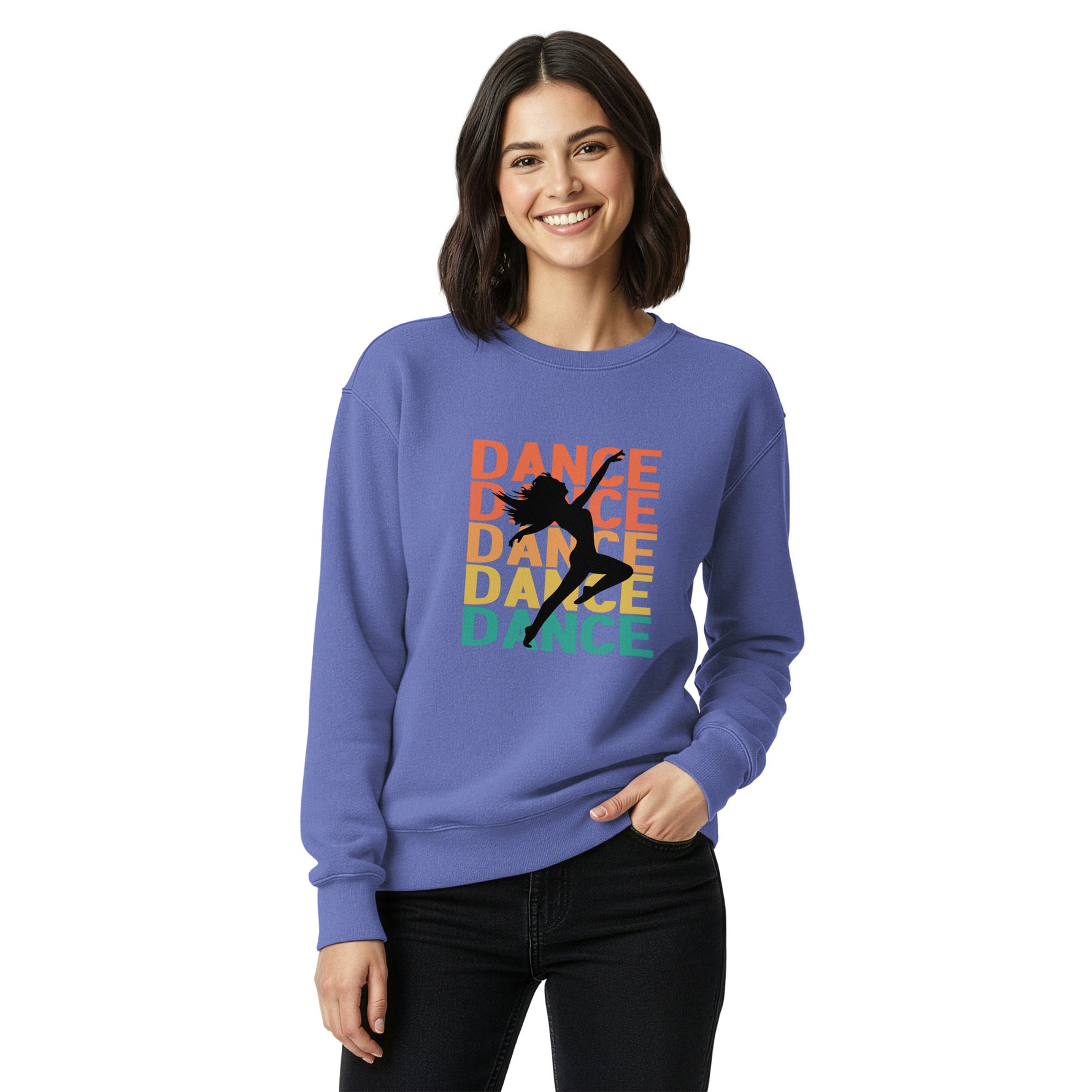 Woman wearing a blue sweatshirt with a dancer graphic and 'DANCE' text on a white background