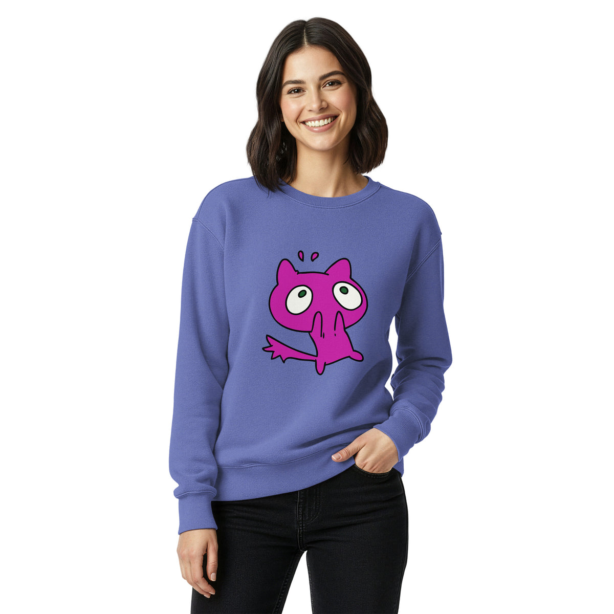 Woman wearing a blue sweatshirt with a pink cartoon character on a white background