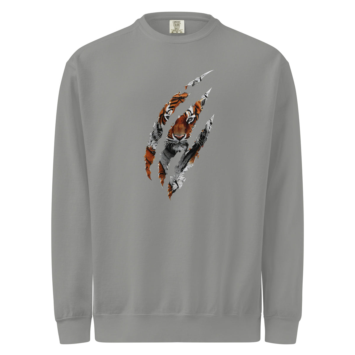 Gray mens sweatshirt with a tiger paw print design on a white background