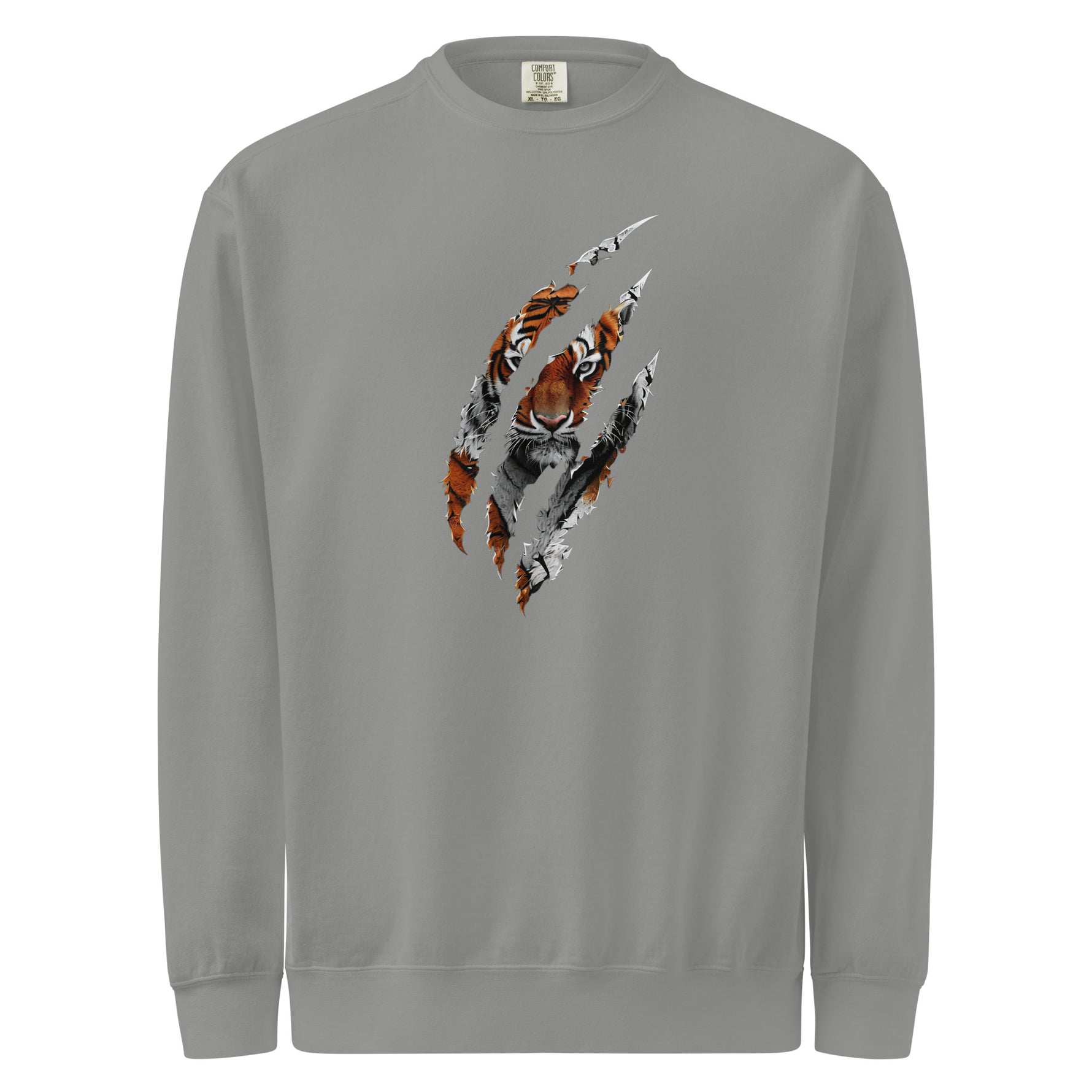 Gray mens sweatshirt with a tiger paw print design on a white background