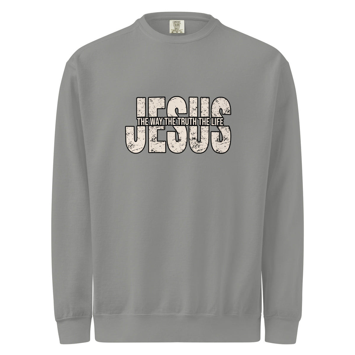 Comfort Colors Gray sweatshirt with 'Jesus' text design on a white background