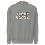 Comfort Colors Gray sweatshirt with 'Jesus' text design on a white background