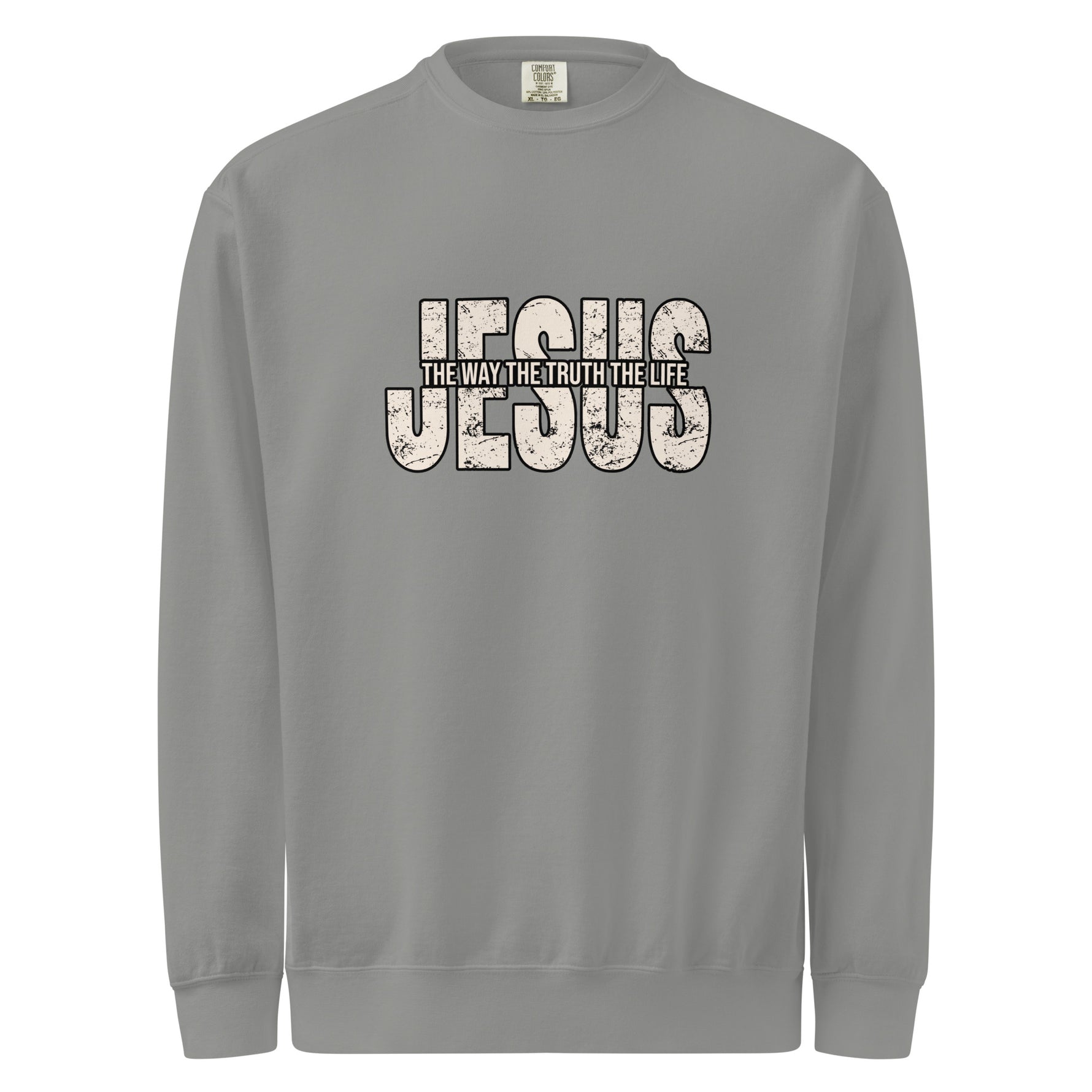 Comfort Colors Gray sweatshirt with 'Jesus' text design on a white background