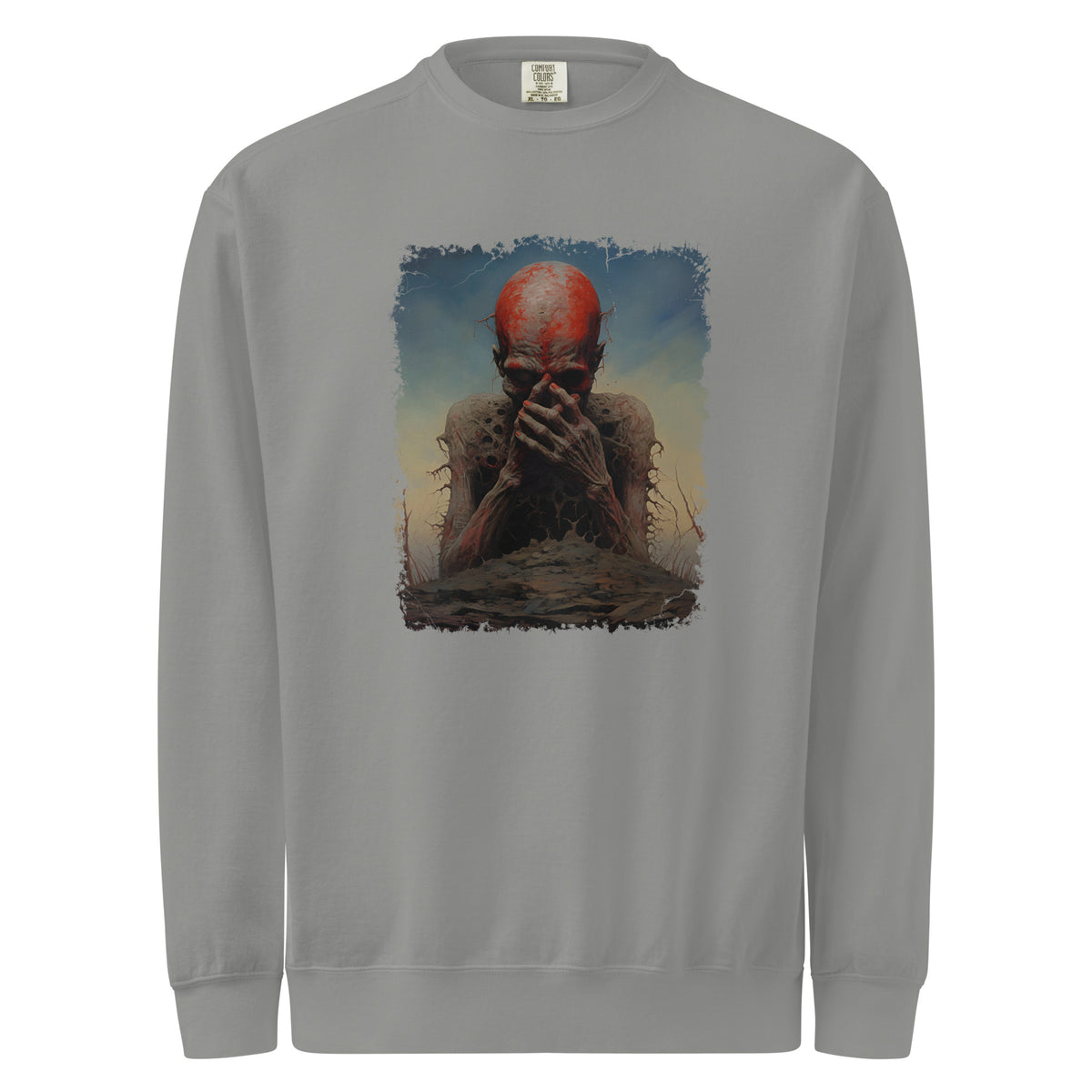 Gray sweatshirt with a graphic design of a person with red hair and a beard on a white background