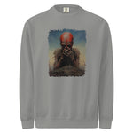 Gray sweatshirt with a graphic design of a person with red hair and a beard on a white background