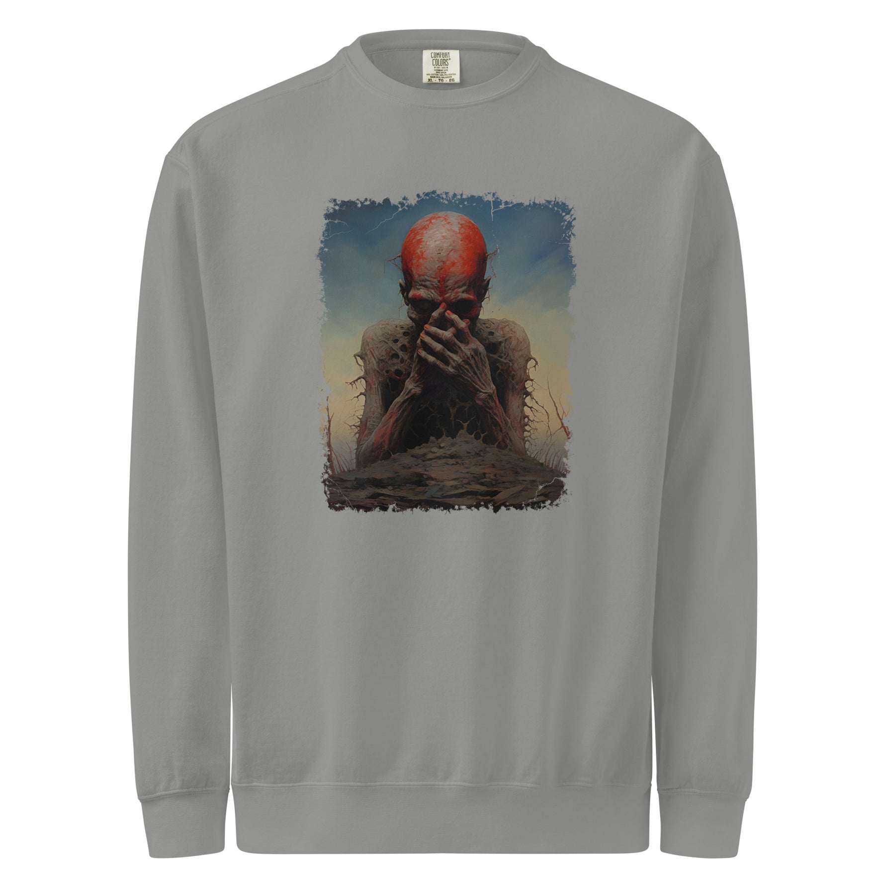 Gray sweatshirt with a graphic design of a person with red hair and a beard on a white background
