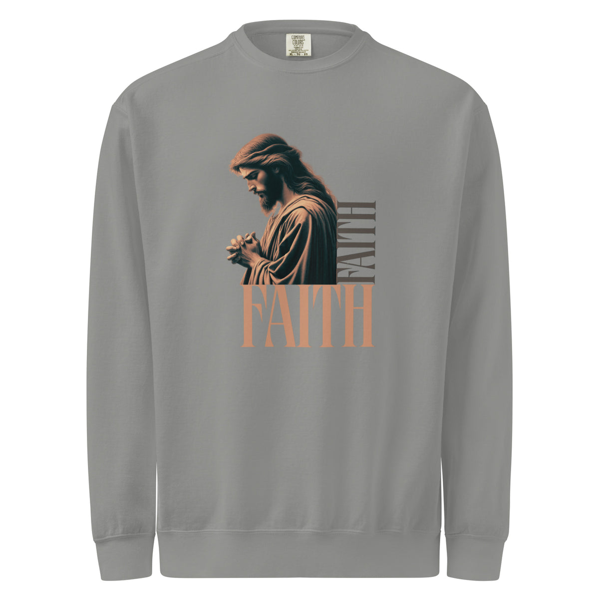 Comfort Colors gray sweatshirt with a graphic of a praying person and the word 'FAITH' on a white background