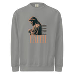 Comfort Colors gray sweatshirt with a graphic of a praying person and the word 'FAITH' on a white background