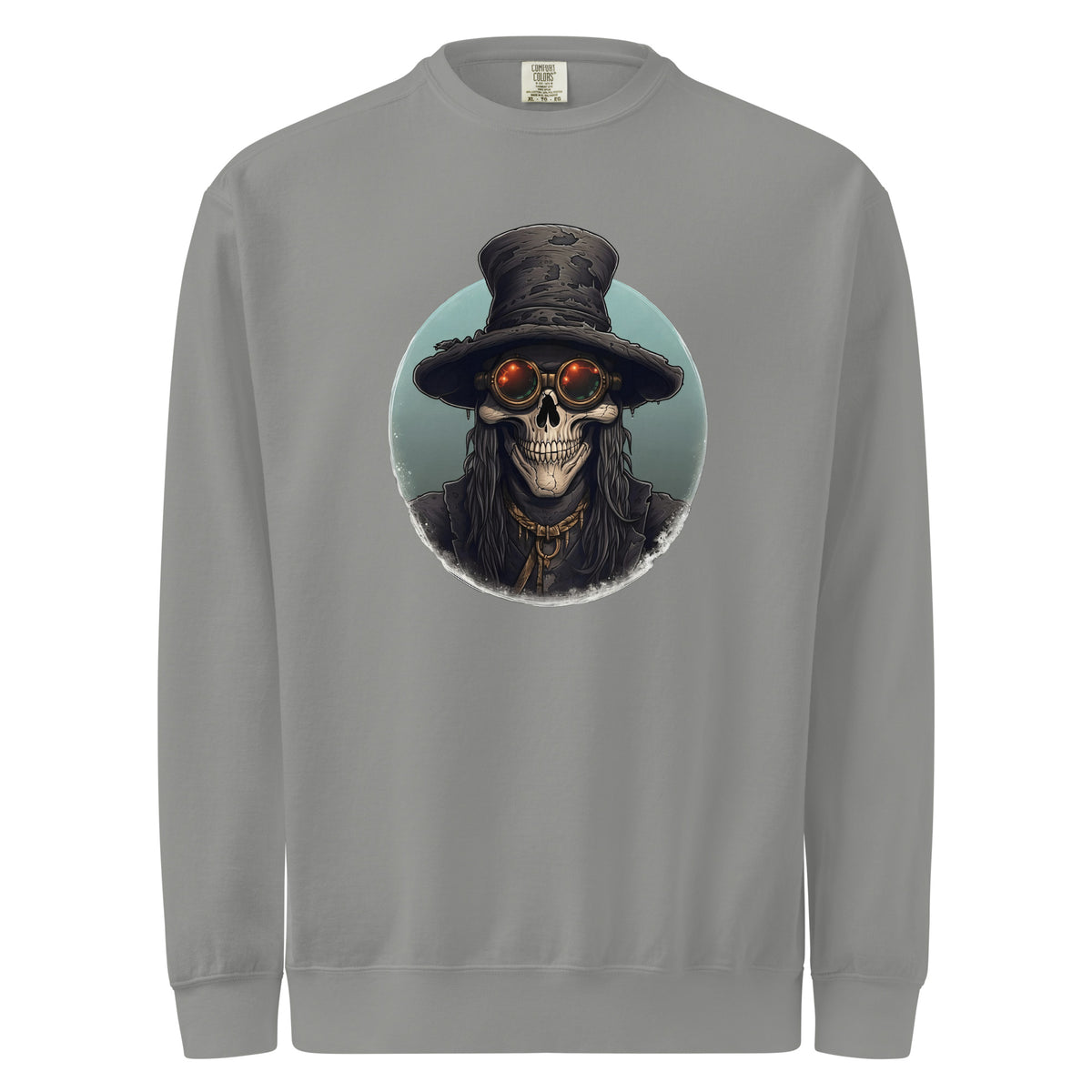 Gray mens sweatshirt with a skull wearing a top hat graphic on a white background