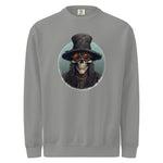 Gray mens sweatshirt with a skull wearing a top hat graphic on a white background
