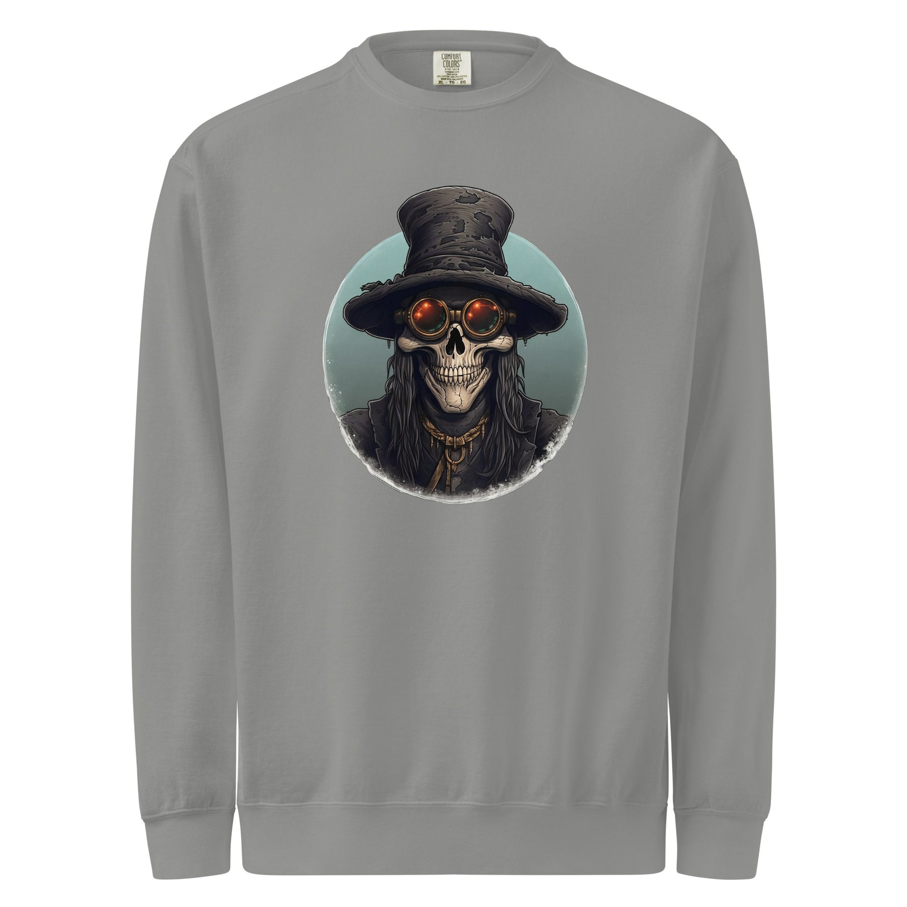 Gray mens sweatshirt with a skull wearing a top hat graphic on a white background