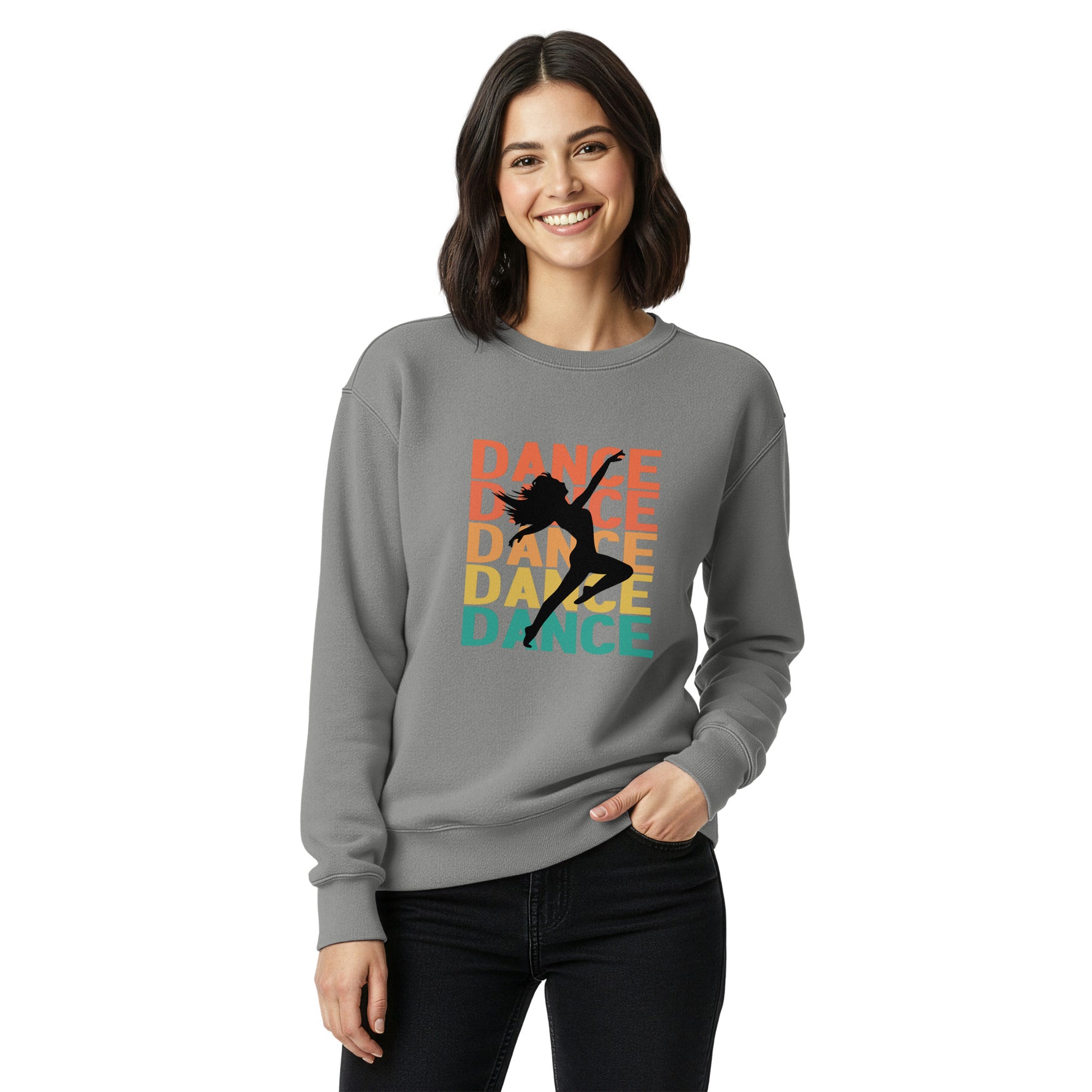 Woman wearing a gray sweatshirt with a colorful 'DANCE' graphic on a white background