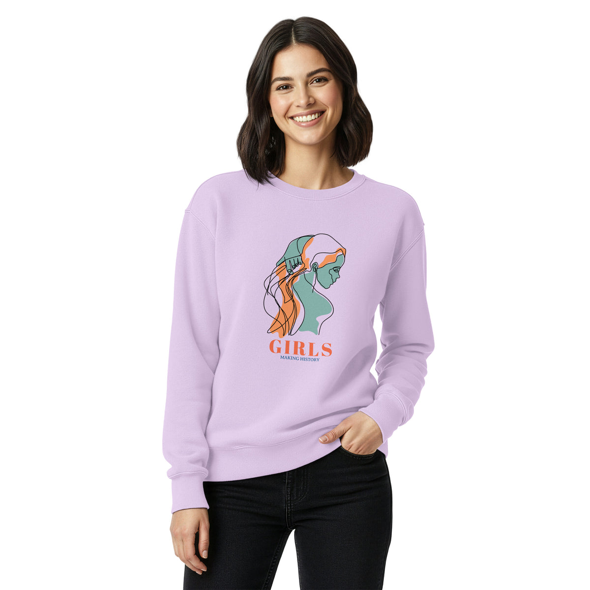 Woman wearing a light purple sweatshirt with a graphic design and text on a white background
