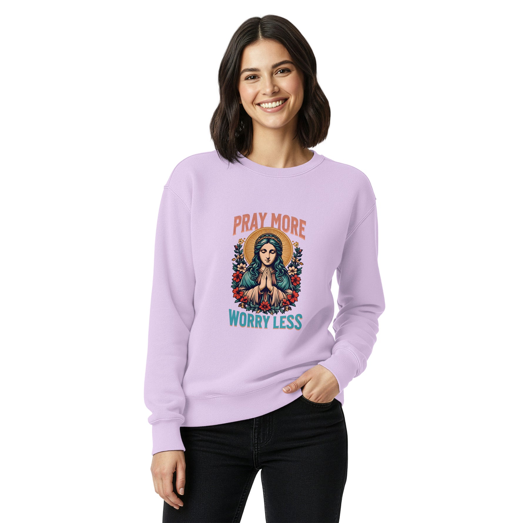 Woman wearing a lavender sweatshirt with a graphic design and text on a white background