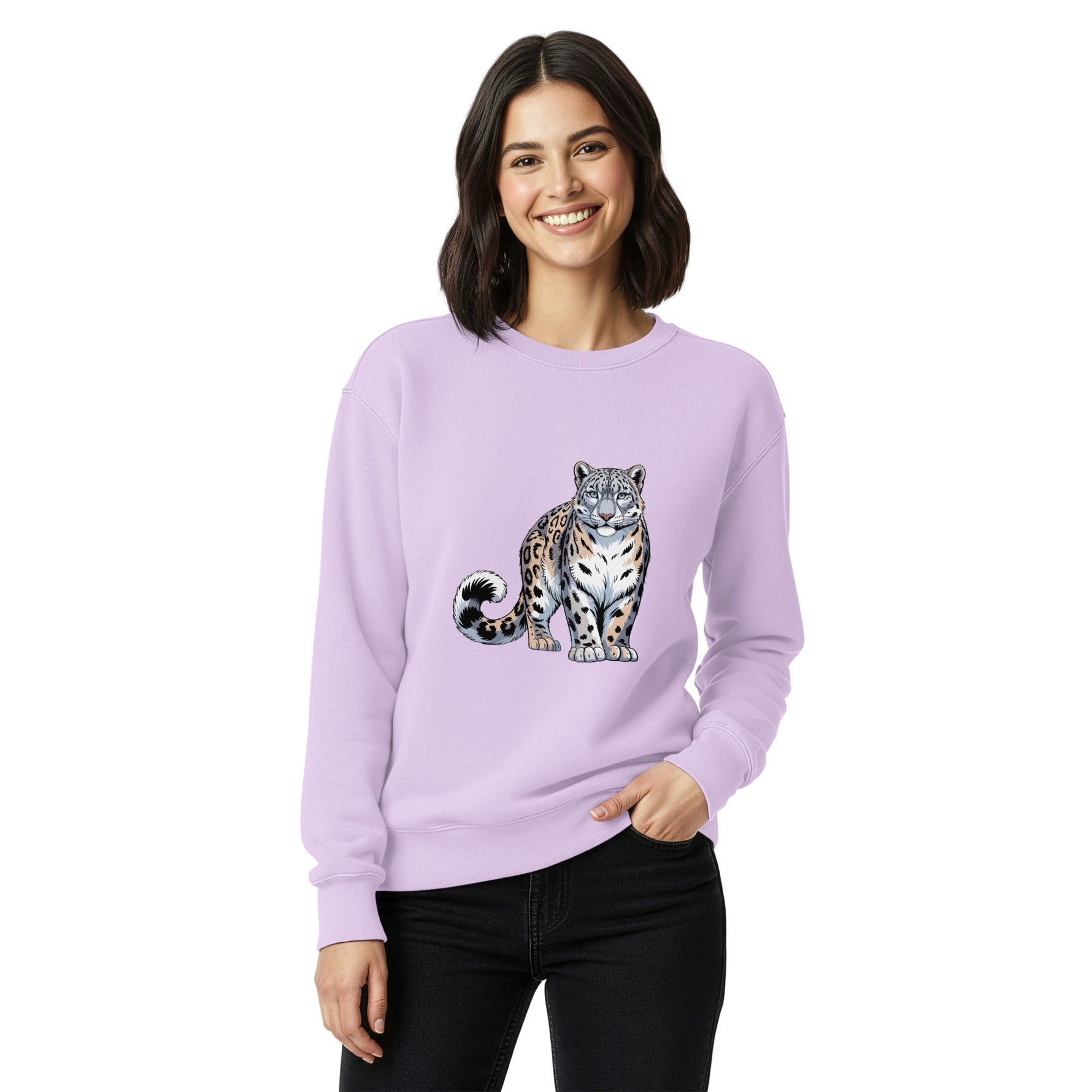 Woman wearing a light purple sweatshirt with a snow leopard design on a white background
