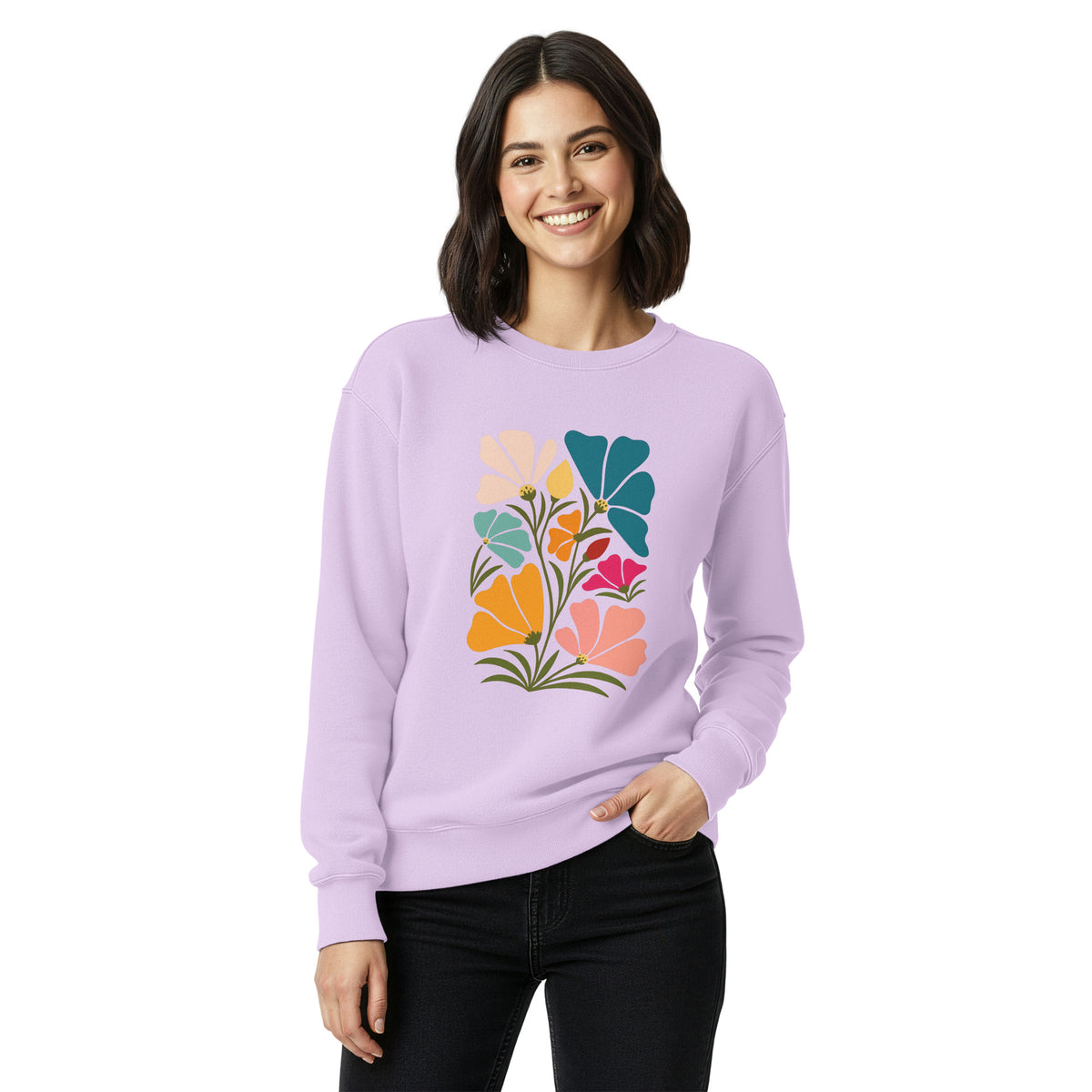 Woman wearing a light purple sweatshirt with a colorful floral design on a white background