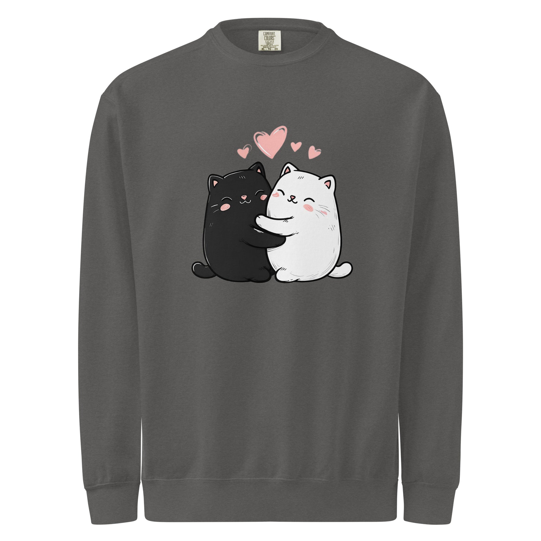 Womens gray sweatshirt with cartoon cats hugging and hearts on a white background