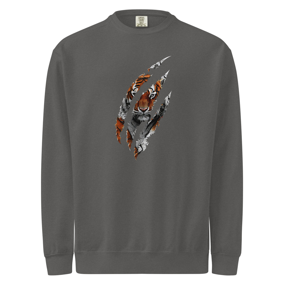 Gray mens sweatshirt with a tiger paw print design on a white background