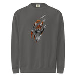 Gray mens sweatshirt with a tiger paw print design on a white background