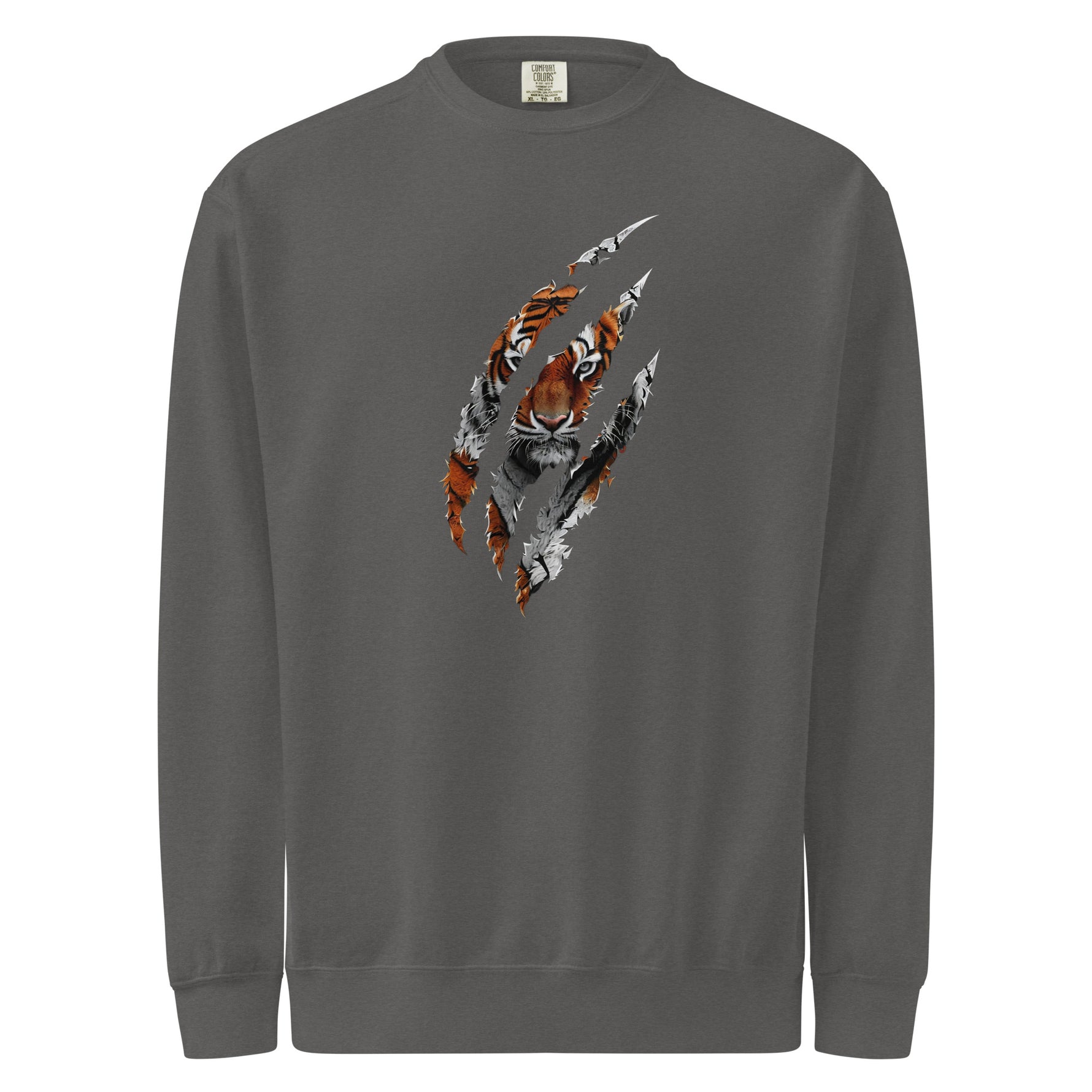 Gray mens sweatshirt with a tiger paw print design on a white background