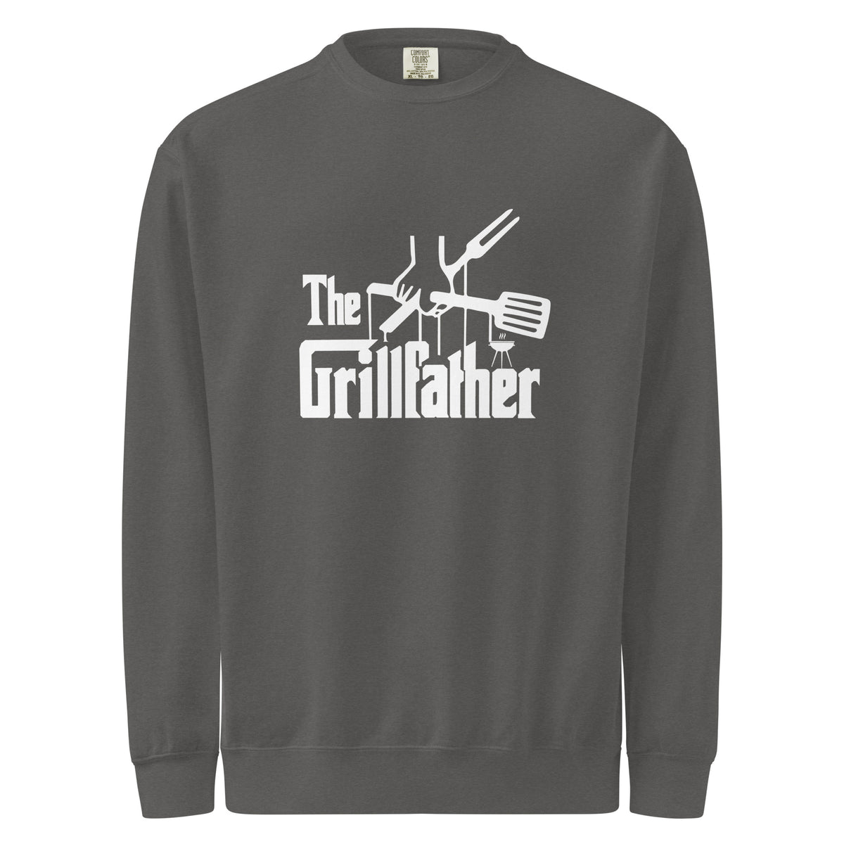 Gray sweatshirt with 'The Grillfather' graphic design on a white background