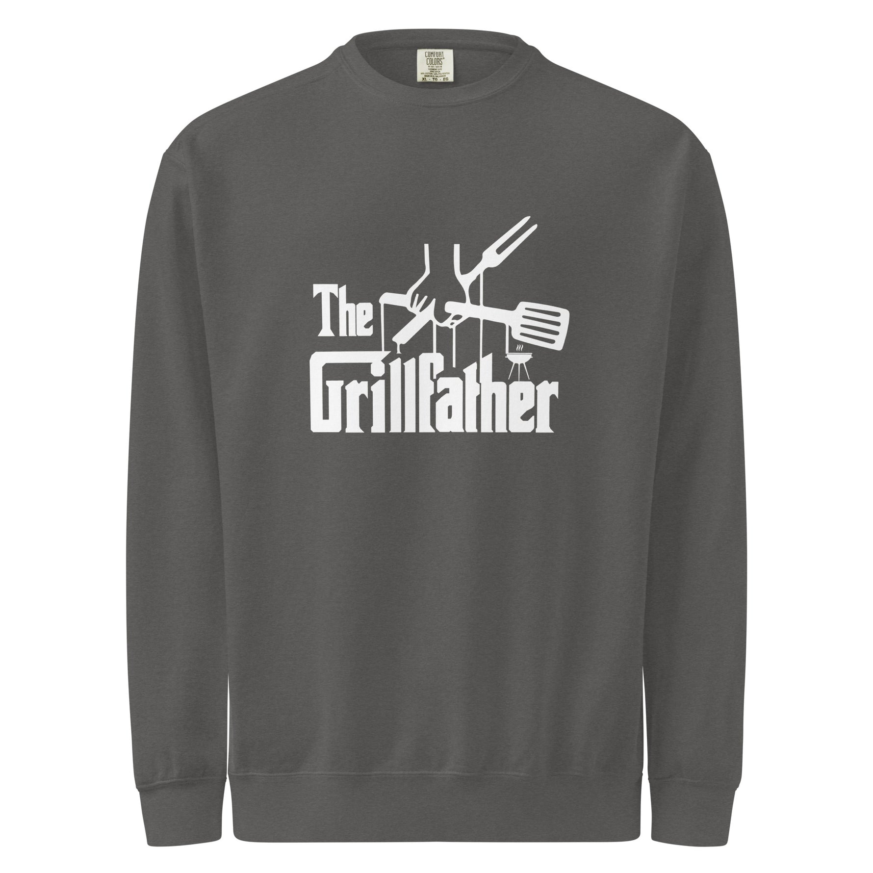 Gray sweatshirt with 'The Grillfather' graphic design on a white background