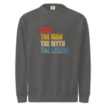 Comfort Colors 1566 gray sweatshirt with colorful text 'DAD THE MAN THE MYTH THE LEGEND' on a white background