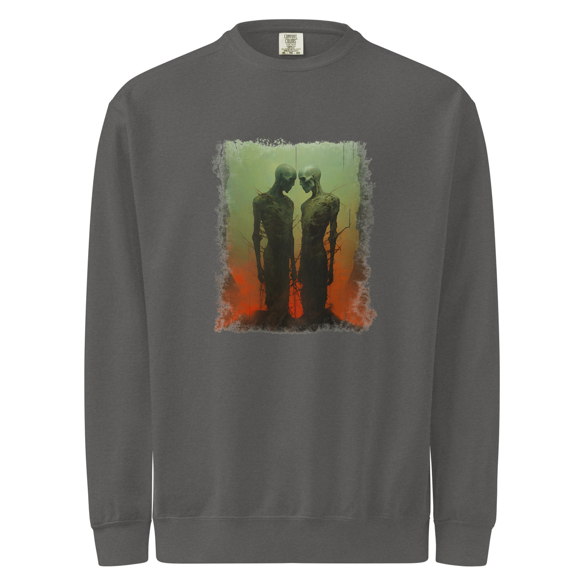 Gray sweatshirt with a graphic design of two figures on a white background