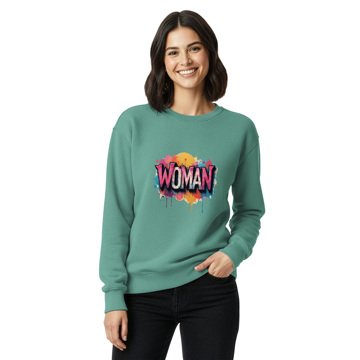 Woman wearing a Comfort Colors teal sweatshirt with 'WOMAN' printed on it against a white background