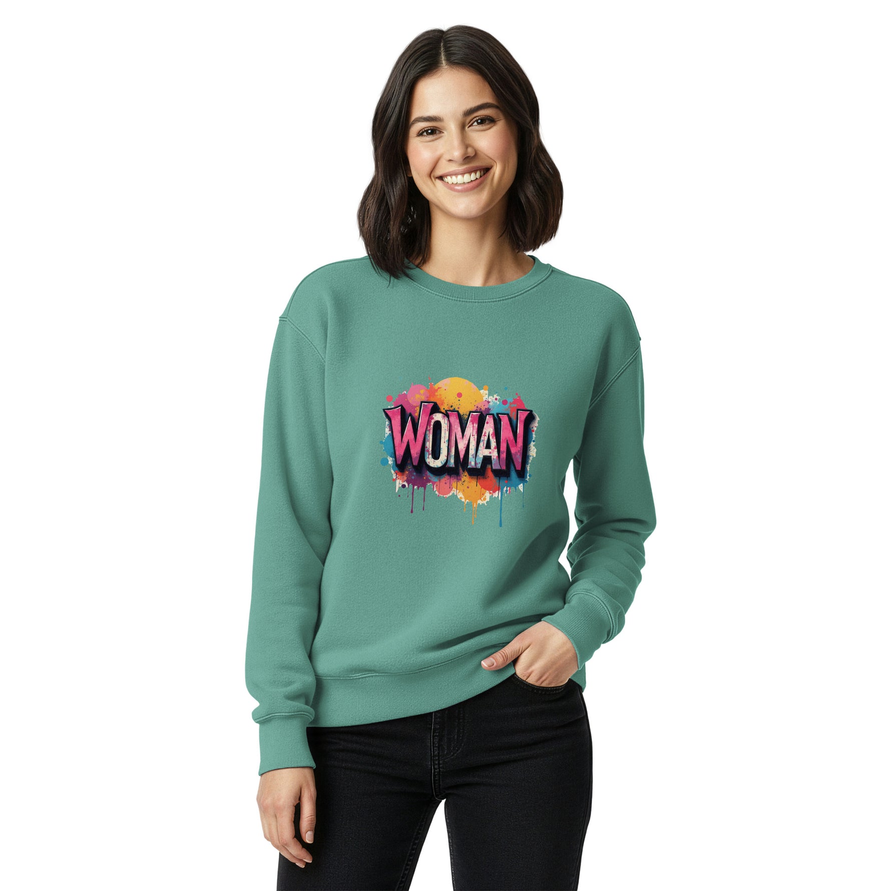Woman wearing a Comfort Colors teal sweatshirt with 'WOMAN' printed on it against a white background