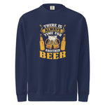 Navy blue sweatshirt with yellow graphic and text 'There is always time for another beer' on a white background