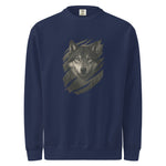 Navy blue mens sweatshirt with a wolf graphic on a white background