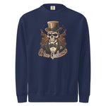 Navy blue mens sweatshirt with a skull in a top hat and bow tie graphic and 'A true Gentleman' text.
