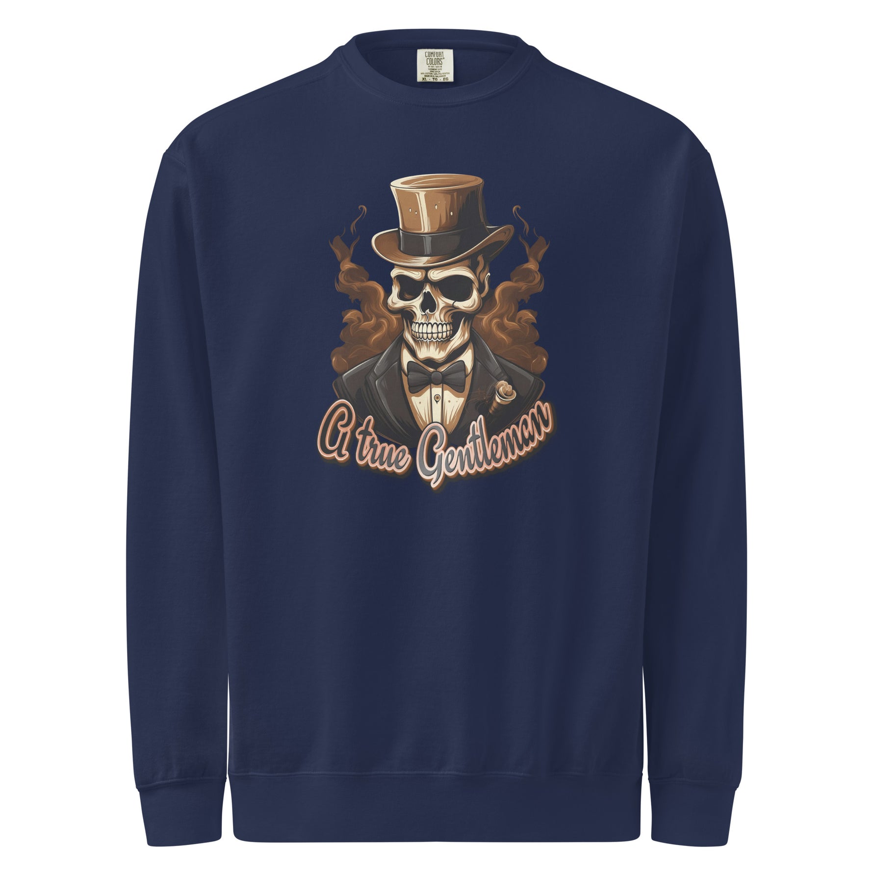 Navy blue mens sweatshirt with a skull in a top hat and bow tie graphic and 'A true Gentleman' text.