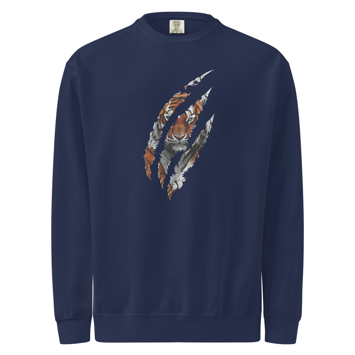 Navy blue mens sweatshirt with a tiger design on a white background