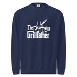 Navy blue sweatshirt with 'The Grillfather' graphic design on a white background