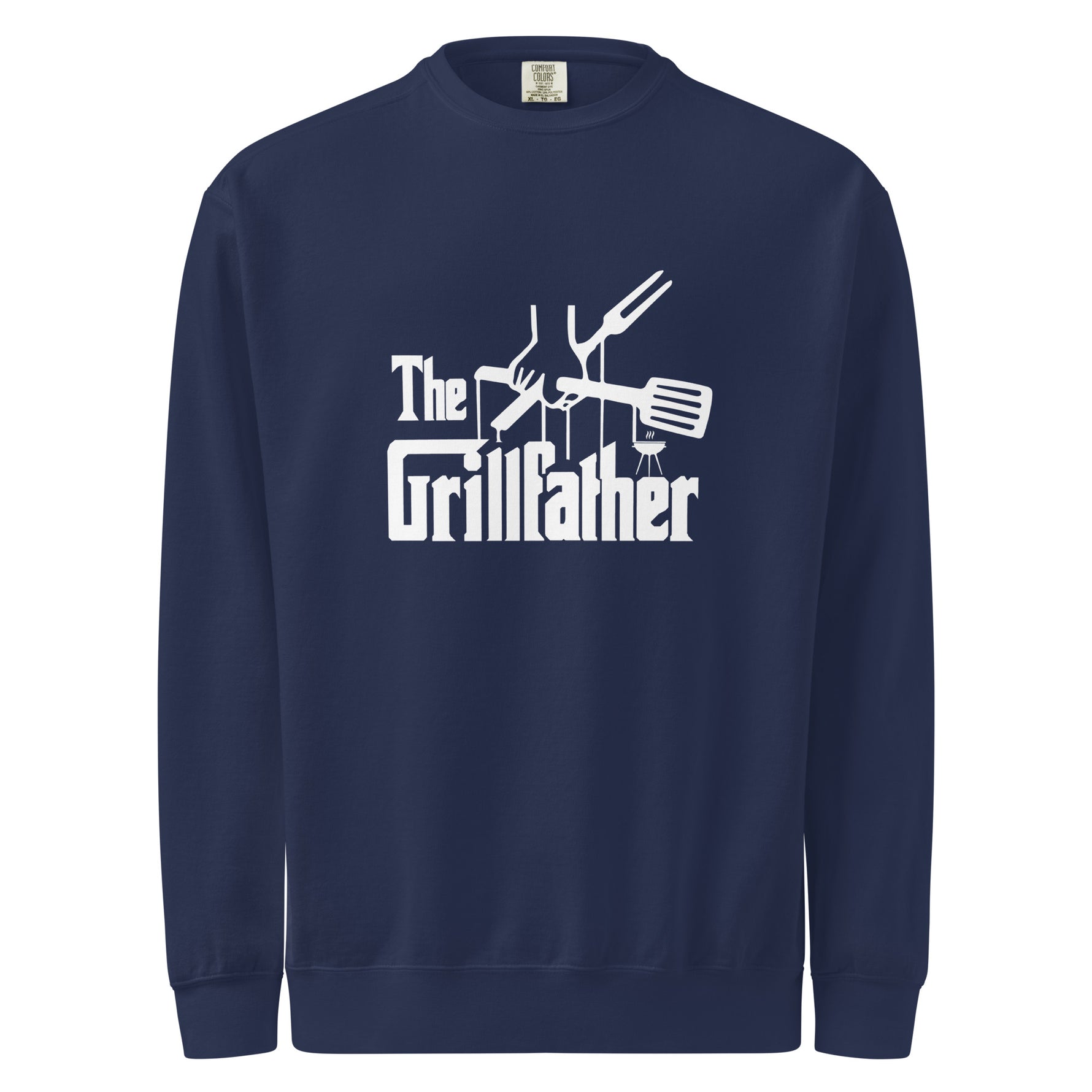 Navy blue sweatshirt with 'The Grillfather' graphic design on a white background