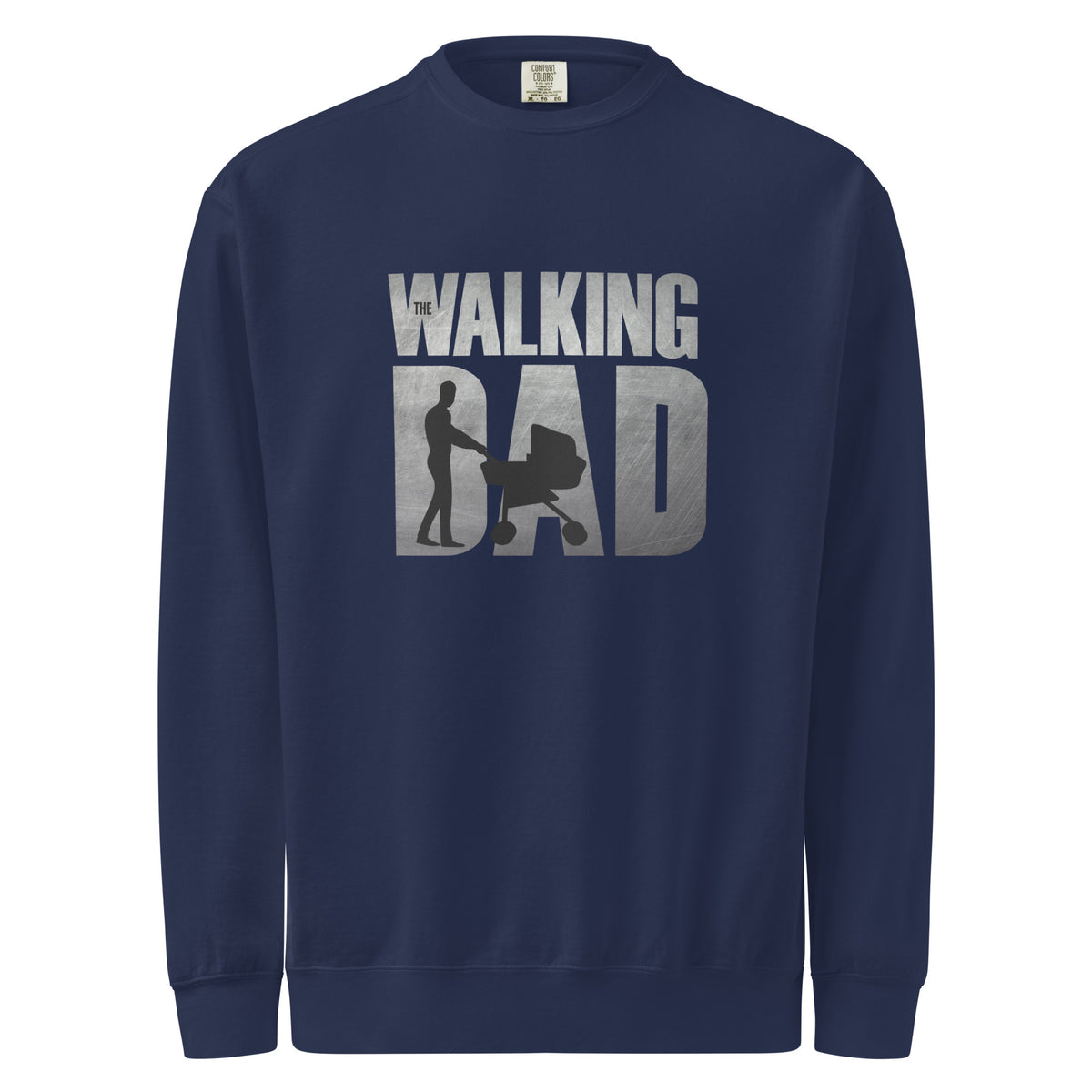 Navy blue sweatshirt with 'The Walking Dad' graphic on a white background