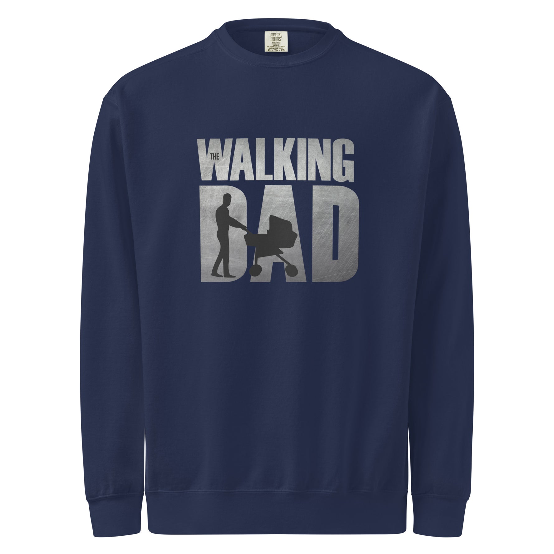 Navy blue sweatshirt with 'The Walking Dad' graphic on a white background