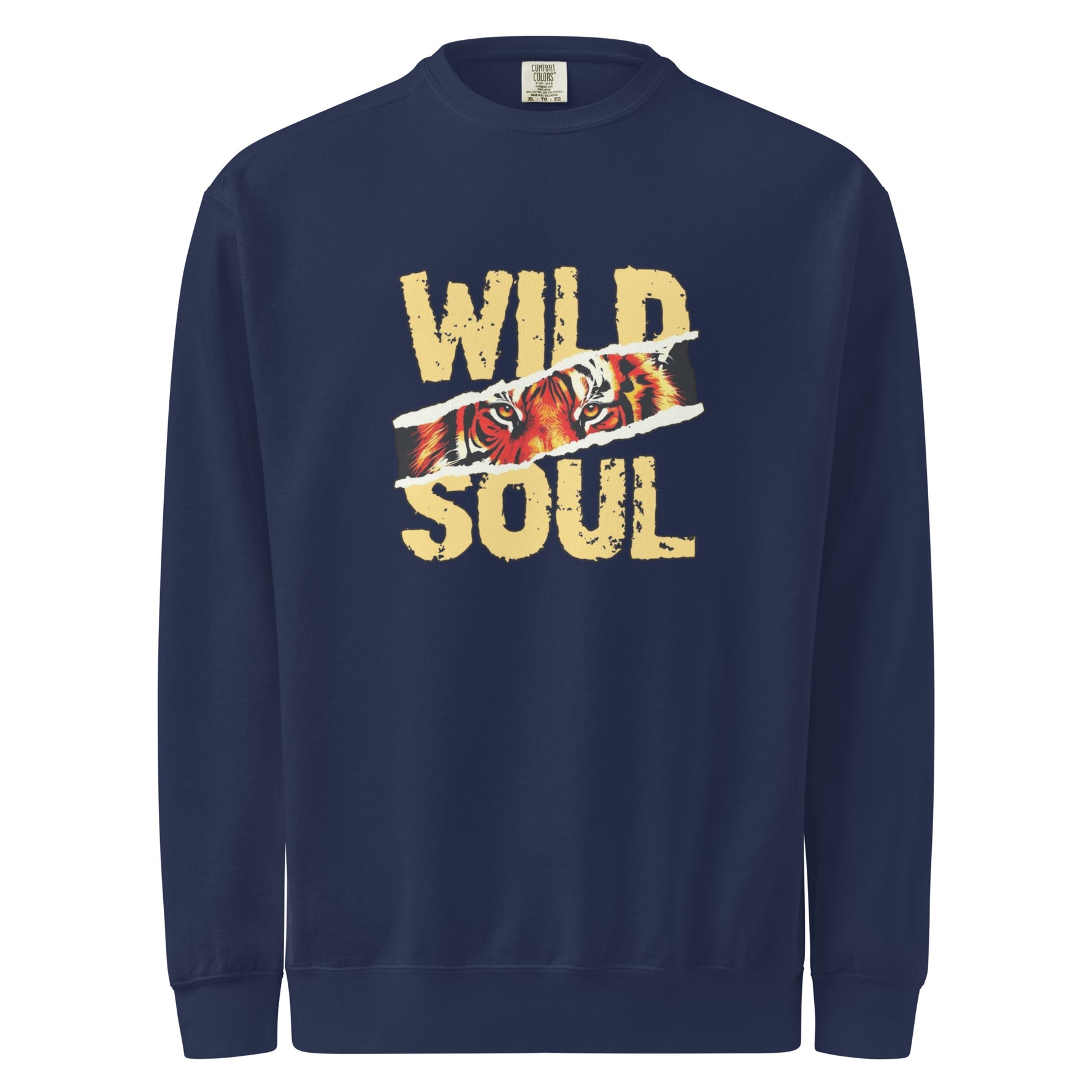 Navy blue sweatshirt with 'Wild Soul' design featuring a tiger on a white background