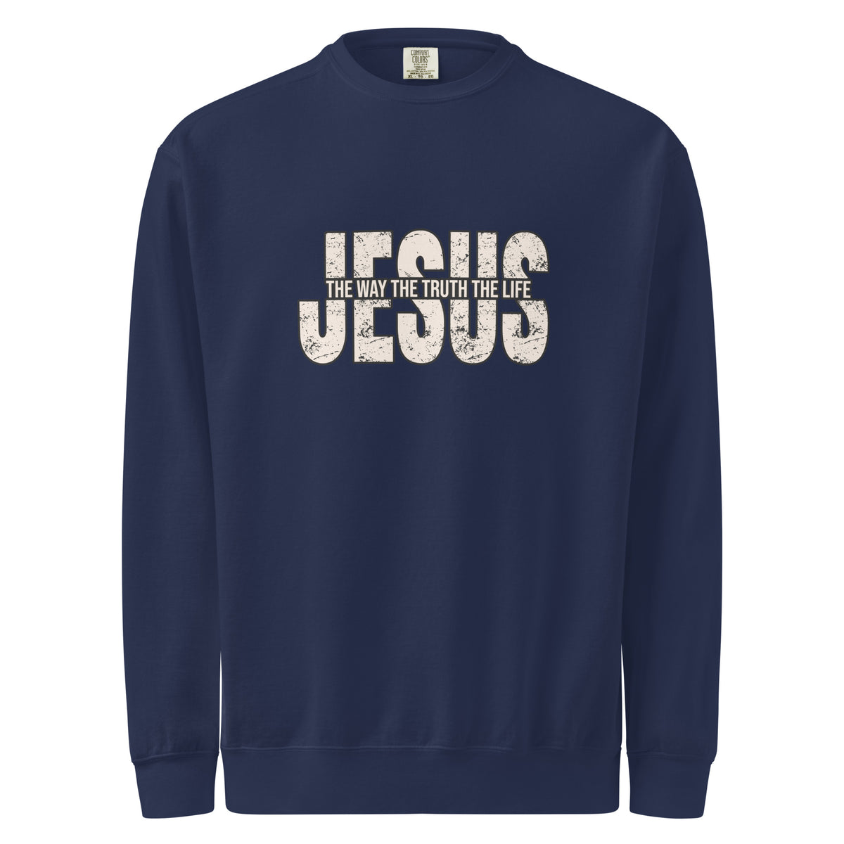 Navy blue sweatshirt with 'Jesus The Way The Truth The Life' text on a white background