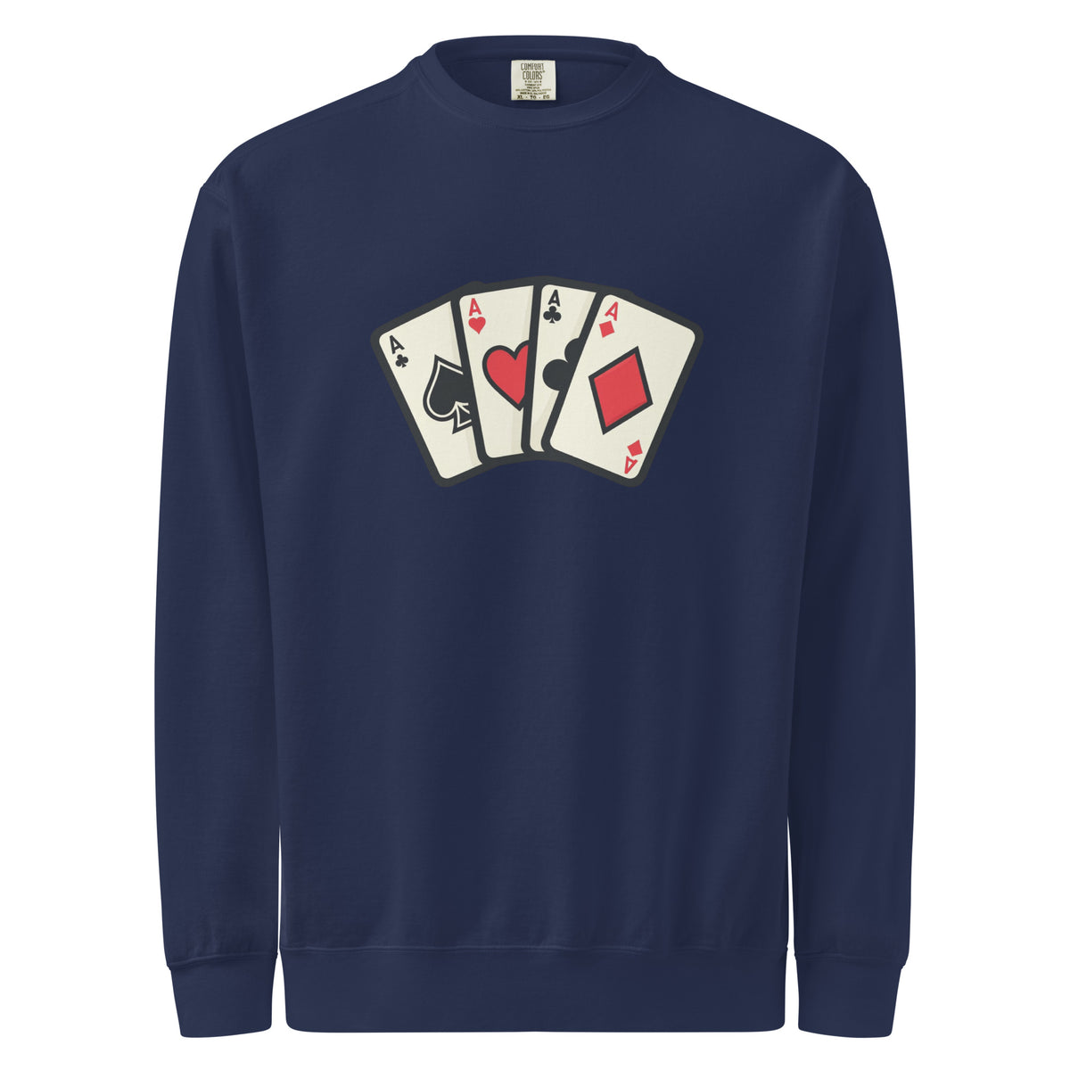 Navy blue sweatshirt with playing card design on a white background