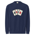 Navy blue sweatshirt with playing card design on a white background