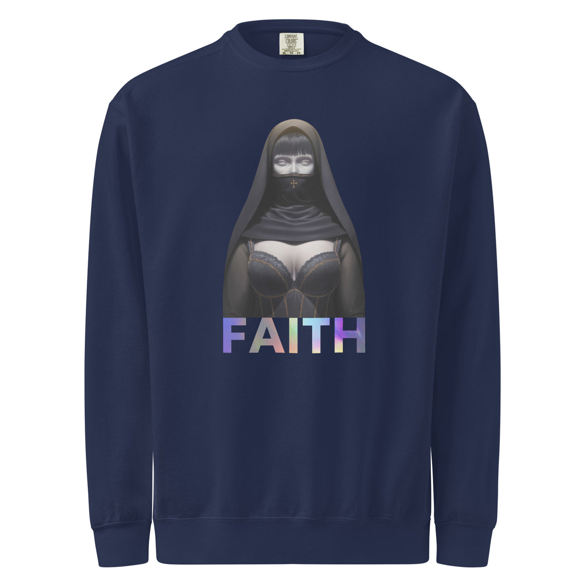 Comfort Colors Navy blue sweatshirt with a graphic design and 'FAITH' text on a white background
