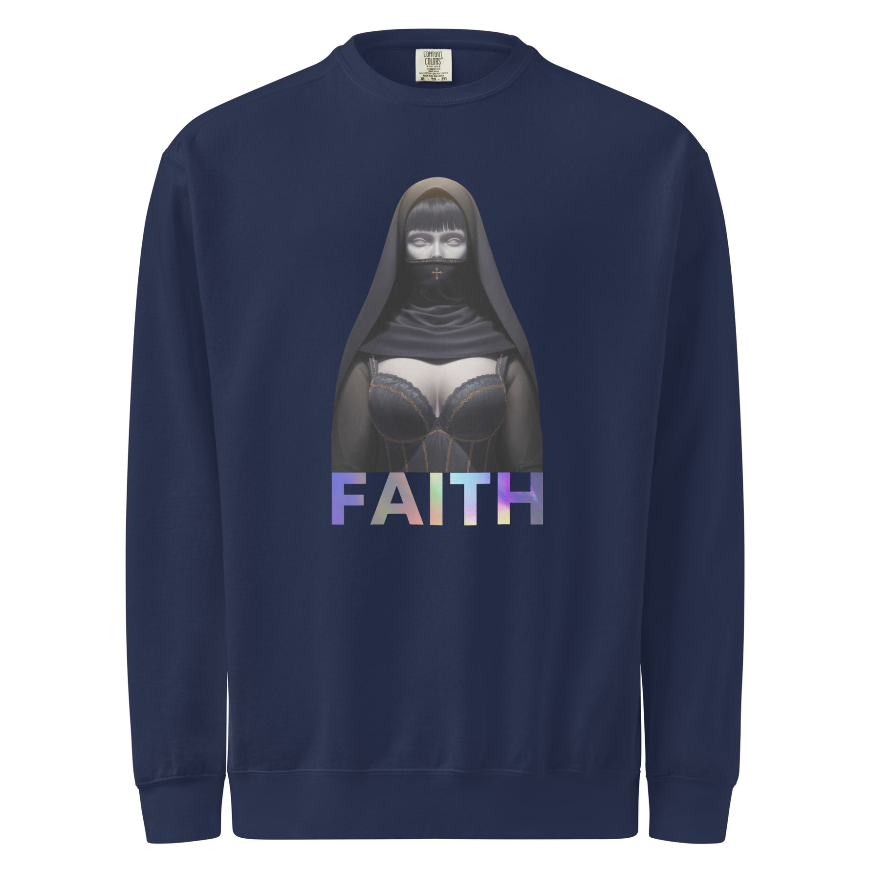 Comfort Colors Navy blue sweatshirt with a graphic design and 'FAITH' text on a white background