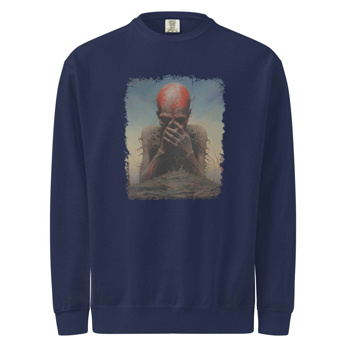 Navy blue sweatshirt with a graphic of a person with red hair and a beard on a white background