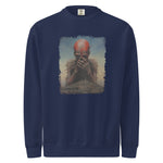 Navy blue sweatshirt with a graphic of a person with red hair and a beard on a white background